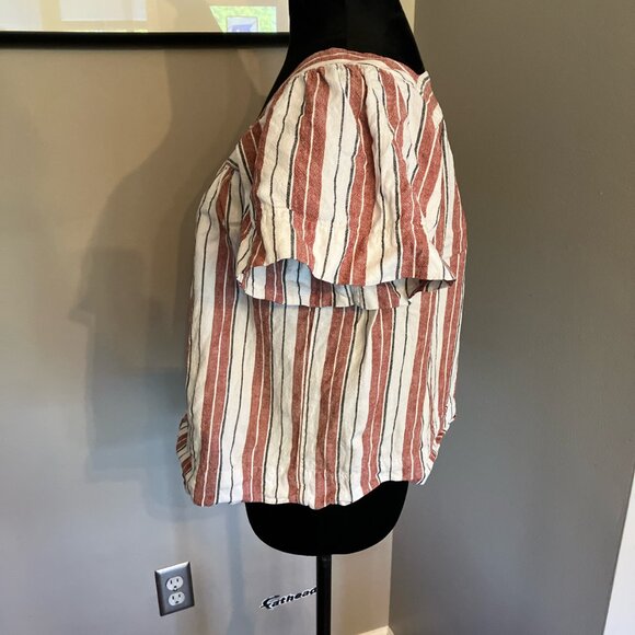 LOFT  linen blend striped boho babydoll top with flutter sleeves size small‎ - Picture 3 of 5